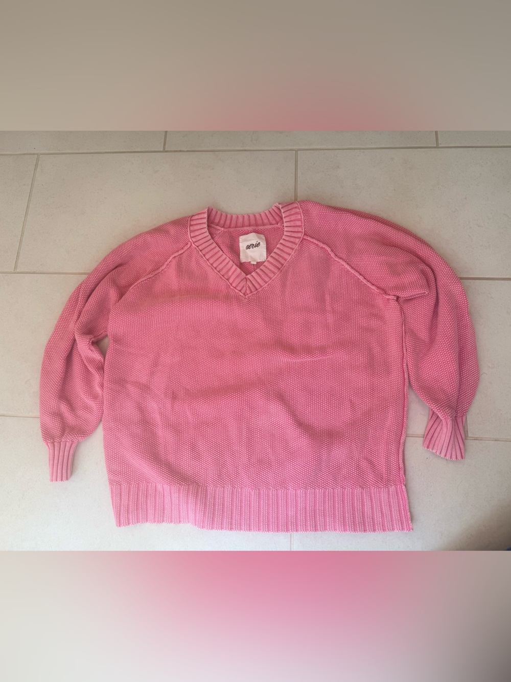 aerie Pink V-Neck 100% Cotton Knit Sweater